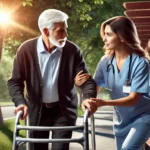 Cuidadora hispana asistiendo a un anciano con andador en un parque, simbolizando las nuevas oportunidades laborales y soporte legal en Illinois.