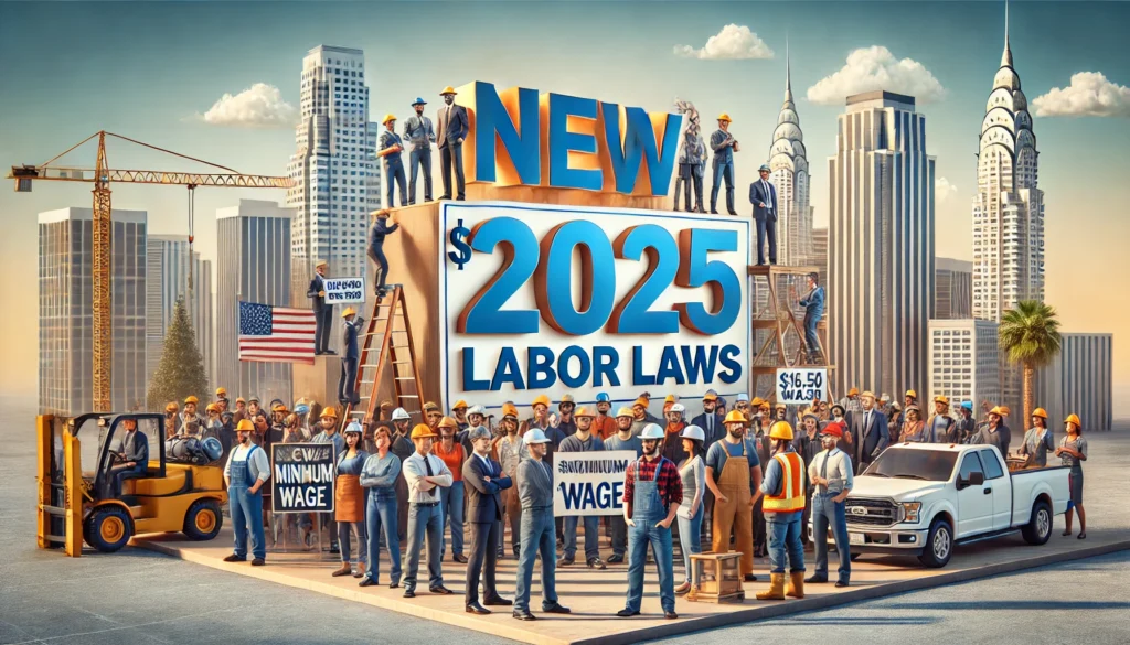 Grupo de trabajadores hispanos en California junto a un cartel que anuncia las nuevas leyes laborales de 2025, destacando el incremento del salario mínimo a $16.50 por hora.